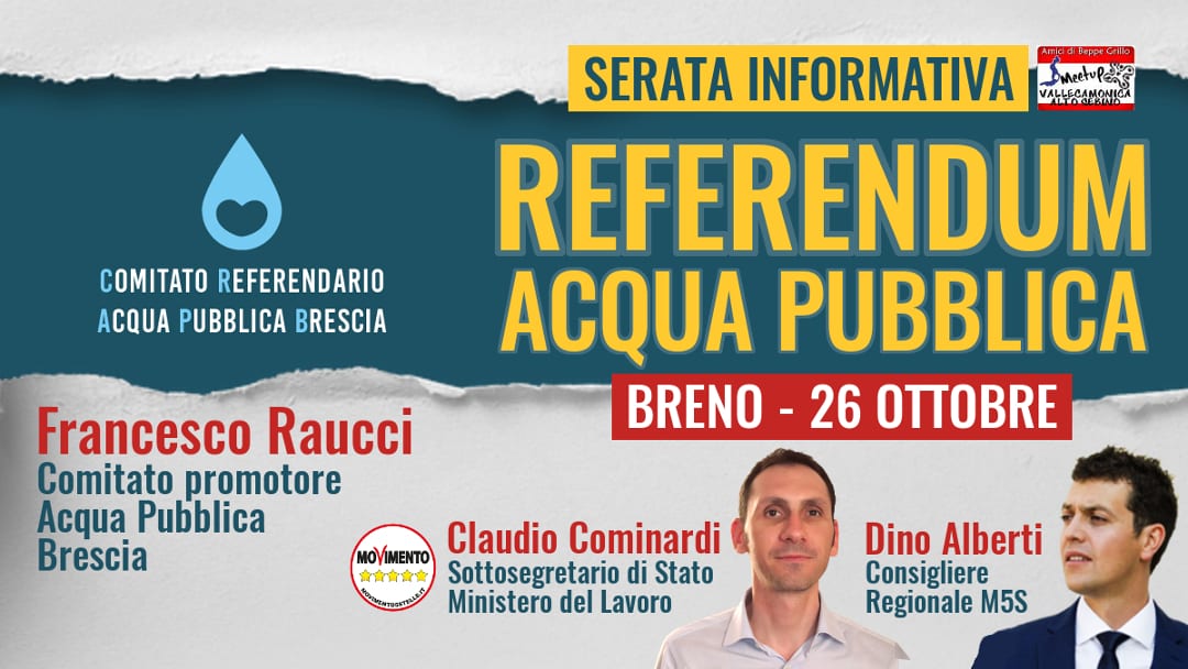 Referendum acqua pubblica: venerdì 26 ottobre serata informativa a Breno
